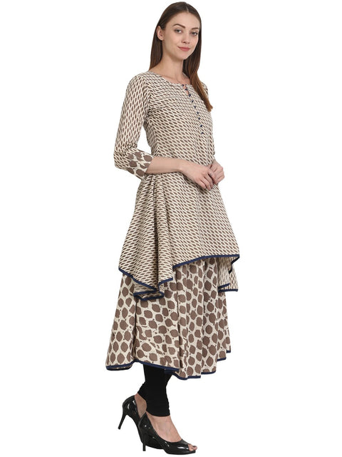 Nayo Women Printed Beige Three-Quarter Sleeves Round Neck Cotton A-Line Kurta