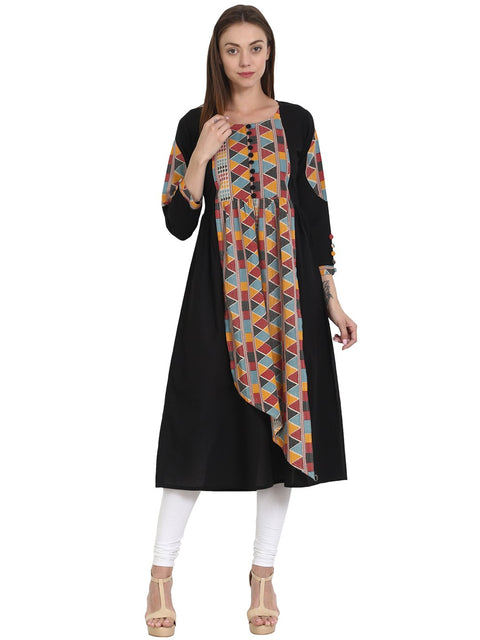 Nayo Women Black with front printed 3/4 sleeve cotton A-line kurta