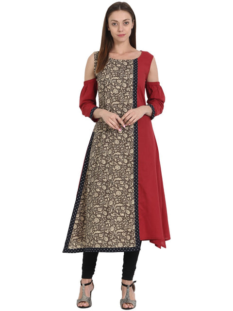 Nayo Maroon & grey printed 3/4 sleeve cotton Assymetric kurta