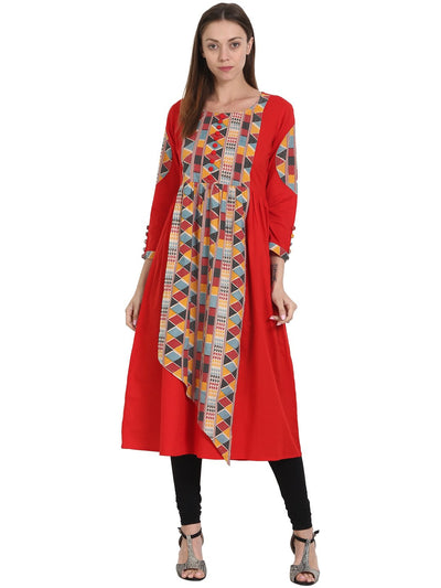 Nayo Red with front printed 3/4 sleeve cotton A-line kurta
