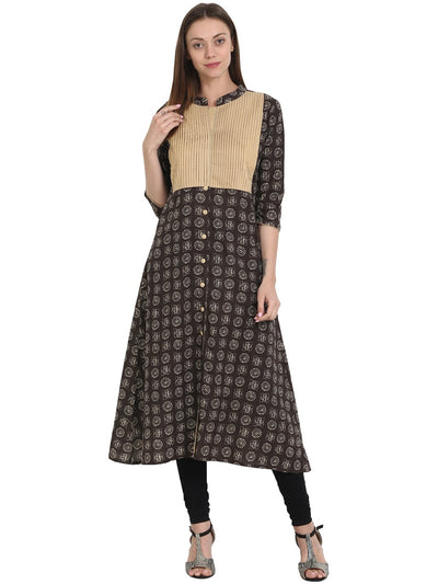 Nayo Black printed 3/4 sleeve cotton A-line kurta