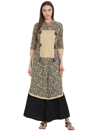 Grey printed 3/4 sleeve cotton kurta