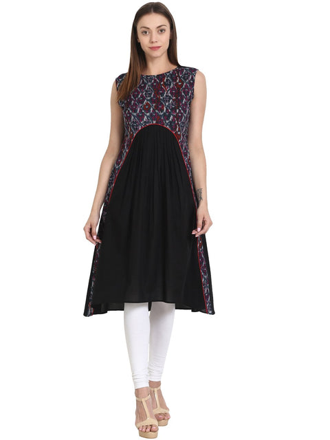 Nayo Women Black sleevless cotton A-line kurta with yoke printed