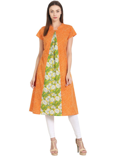 Nayo Yellow & Green printed cap sleeve A-line kurta