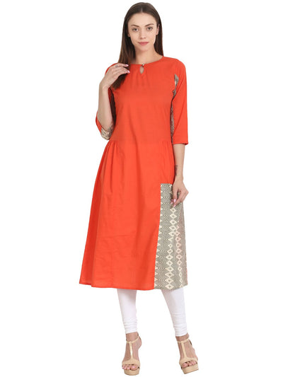Nayo Women Orange 3/4 sleeve cotton A-line kurta