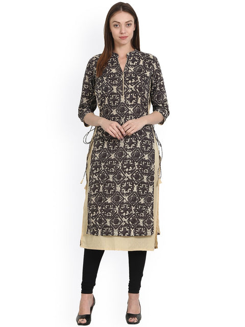Nayo Beige & Grey printed 3/4 sleeve cotton double layer kurta
