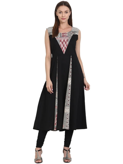 Nayo Women Black & Multi printed sleevless cotton A-line kurta