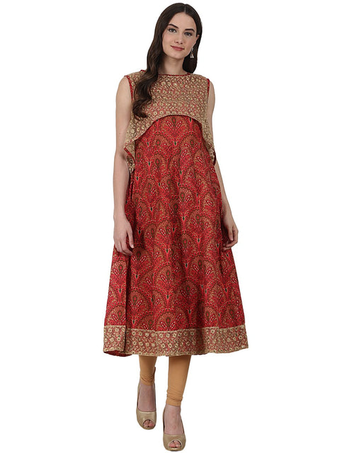 Red sleevless cotton anarkali kurta with net work in yoke and hemline