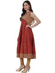 Red sleevless cotton anarkali kurta with net work in yoke and hemline