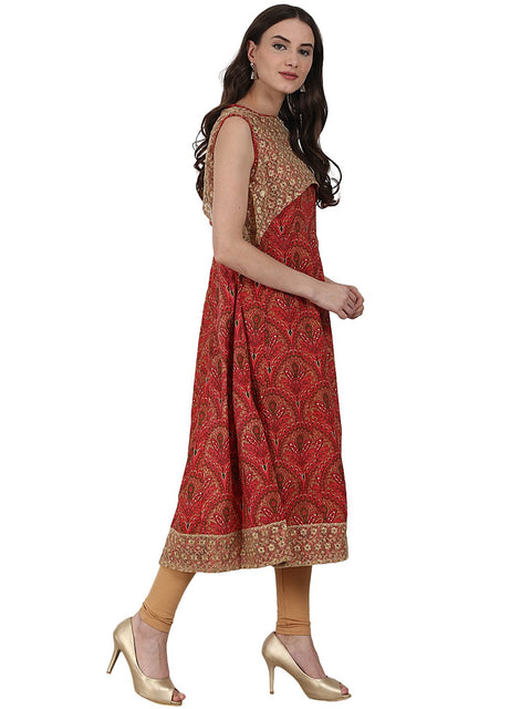 Red sleevless cotton anarkali kurta with net work in yoke and hemline