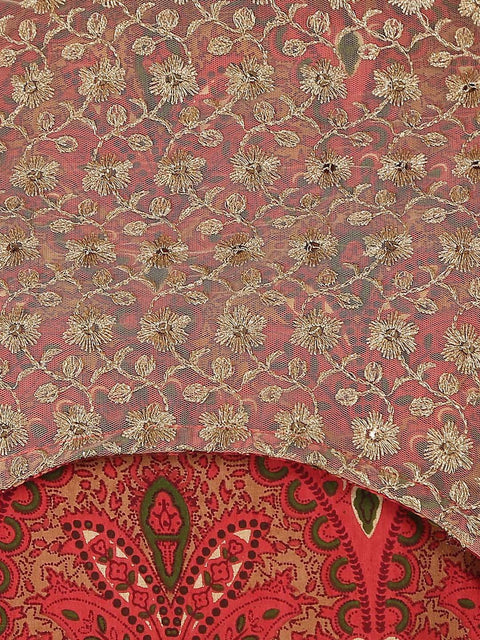 Red sleevless cotton anarkali kurta with net work in yoke and hemline