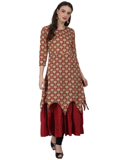 Nayo Red printed 3/4 sleeve assymetric layered cotton kurta