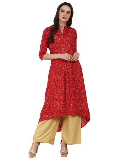 Nayo Women Red printed half sleeve low high cotton kurta