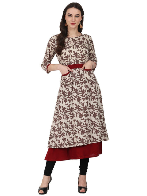 Nayo Women Beige printed 3/4 sleeve double layer cotton kurta