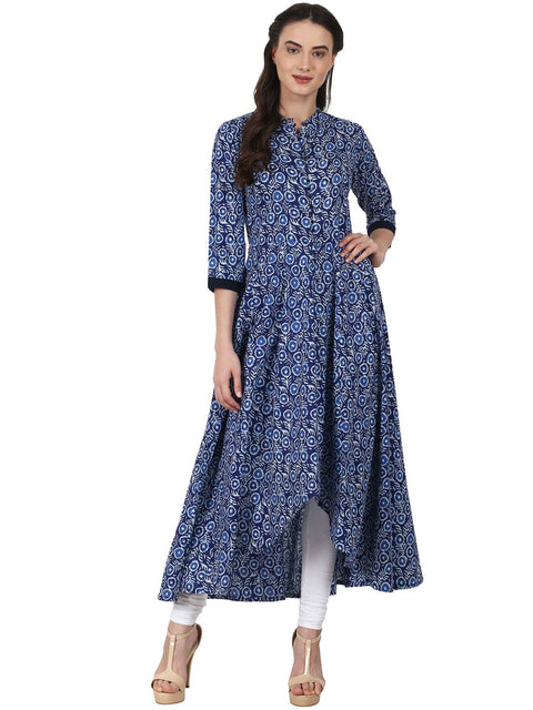Nayo Blue printed 3/4 sleeve cotton assymetric anarkali kurta
