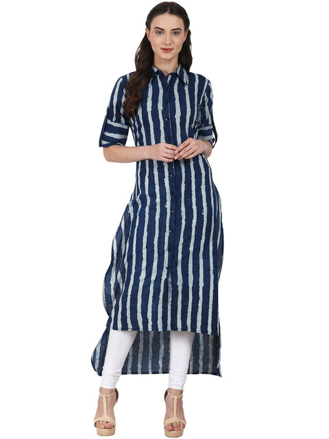 Nayo Women Blue roll up sleeve low high cotton kurta
