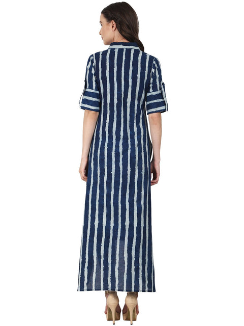 Nayo Women Blue roll up sleeve low high cotton kurta