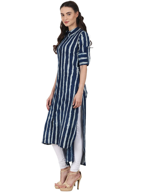 Nayo Women Blue roll up sleeve low high cotton kurta