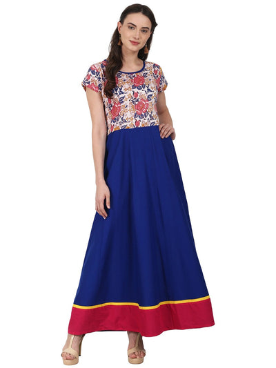 Nayo Women Blue cap sleeve cotton anarkali kurta with printed yoke