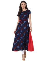 Nayo Navy blue printed cap sleeve A-Line kurta