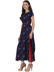 Nayo Navy blue printed cap sleeve A-Line kurta