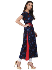 Nayo Navy blue printed cap sleeve A-Line kurta