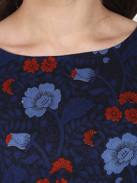 Nayo Navy blue printed cap sleeve A-Line kurta