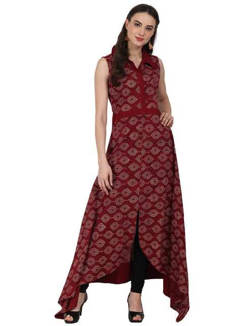 Nayo Women Maroon printed Sleevless Assymetric cotton A-Line kurta