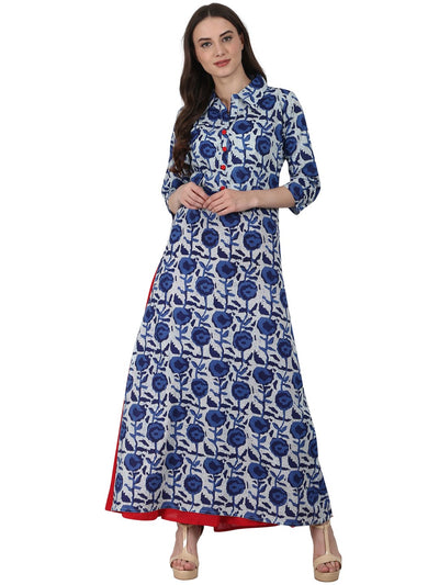 Nayo Women Blue printed 3/4 sleeve long cotton kurta