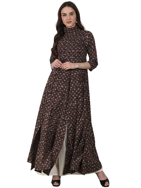 Nayo Grey printed 3/4 sleeve long kurta with white