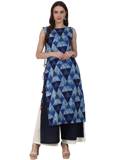 Nayo Blue printed sleevless kurta with double laye