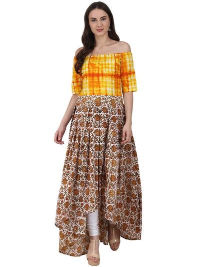 Nayo Women Yellow printed drape shoulder sleeve cotton low high Flared dress