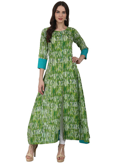 Green printed 3/4 sleeve cotton A-Line kurta