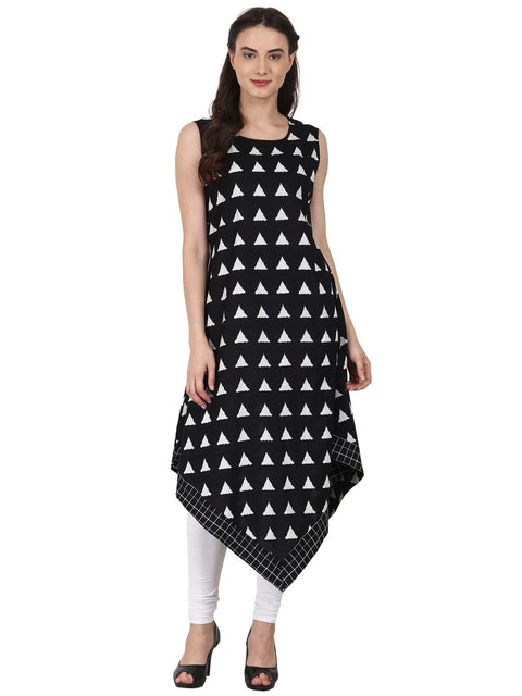Nayo Women Black printed sleevless cotton low high kurta