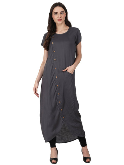 Nayo Women Grey short sleeve rayon front open kurta