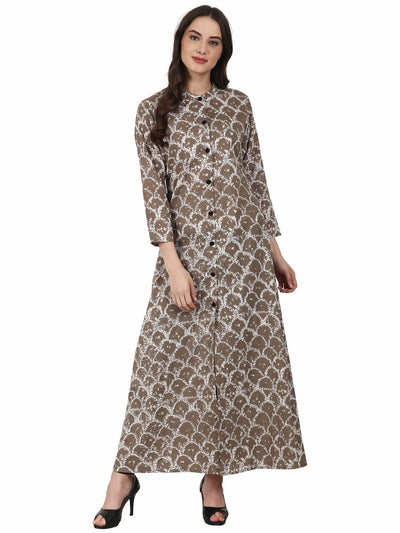 Nayo Women Brown printed 3/4 sleeve front open A-Line kurta