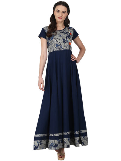 Nayo Women Navy blue cap sleeve cotton Anarkali kurta with printed yoke