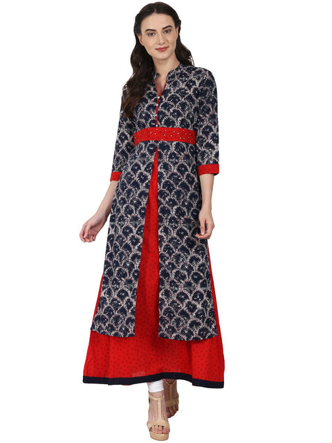 Nayo Women Blue printed 3/4 sleeve double layer bottom cut cotton kurta