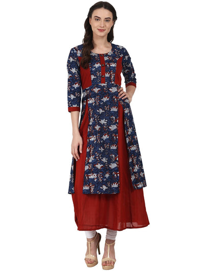 Nayo Women Blue & Red 3/4 sleeve double layer cotton kurta