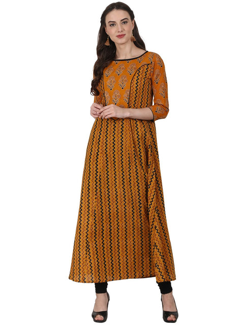 Nayo Women Yellow printed 3/4 sleeve cotton A-Line kurta