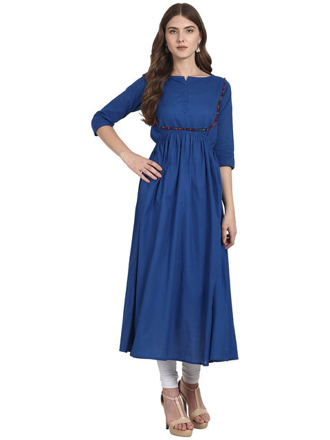 Nayo Women Blue 3/4 sleeve cotton A-line kurta with potli button at yoke