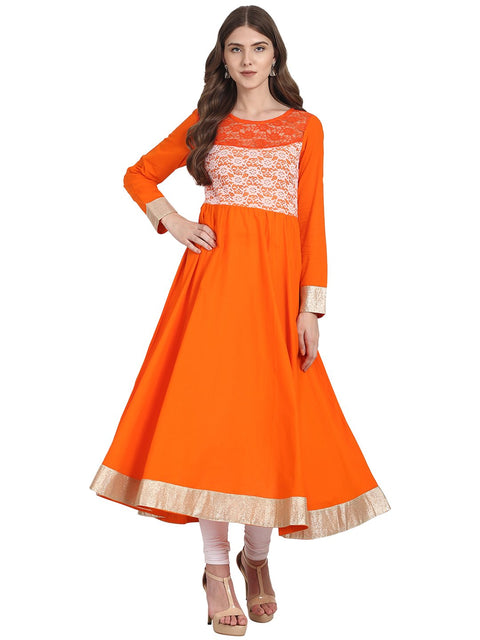 Nayo Orange full sleeve cotton anarkali kurta with net work at yoke