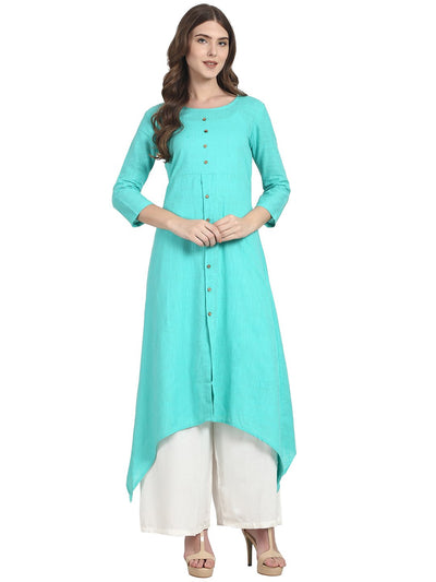 Nayo Turquoise Blue 3/4 sleeve front open cotton Slub A-line kurta