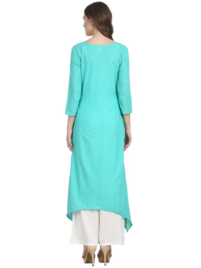 Nayo Women Turquoise Blue 3/4 sleeve front open cotton Slub A-line kurta