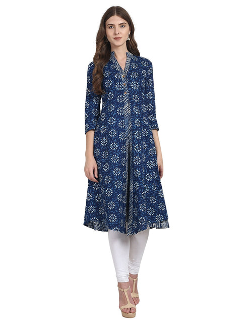 Nayo Blue printed 3/4 sleeve front open cotton kurta