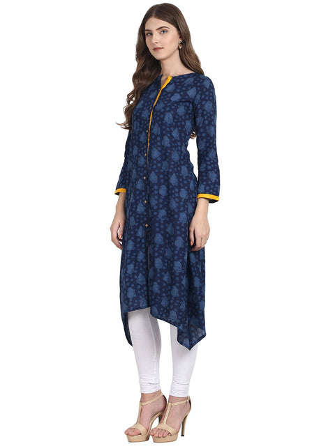 Nayo Blue printed 3/4 sleeve cotton front open kurta