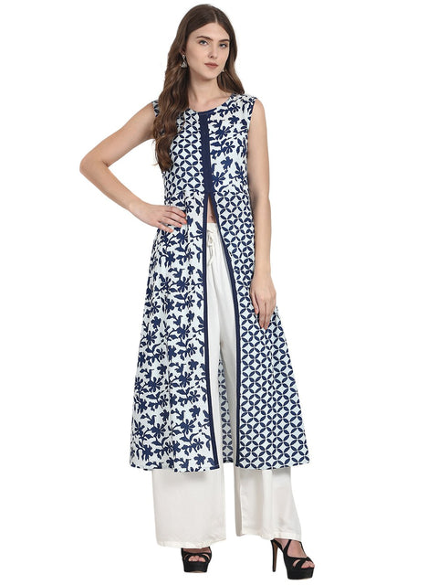 Nayo Blue printed sleevless cotton kurta with high front slit