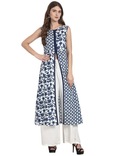 Nayo Women Blue printed sleevless cotton kurta with high front slit