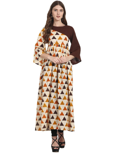 Nayo Women Cream printed 3/4th sleeve cotton Anarkali kurta