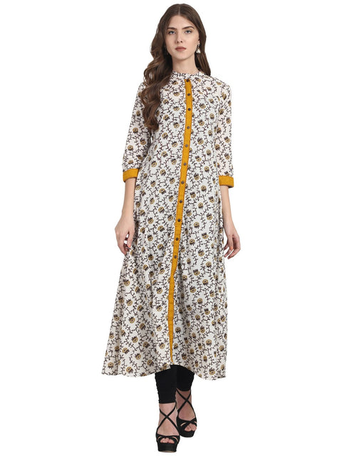 Nayo White printed 3/4th sleeve cotton A-line front open kurta